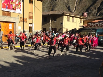 One of the dance groups parading through the plaza. 